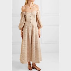 NEW Mara Hoffman Mika Dress Maxi Tencel Linen Stripe Camel Puffed Sleeves Size 2